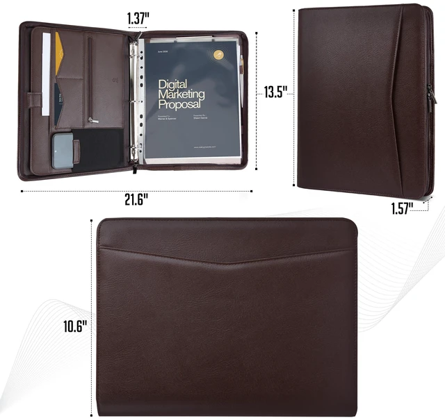 Alt view image 2 of 6 - Zipper Portfolio | Padfolio 3 Ring Binder (1") and Clipboard Folio (Removable) | Portfolio Organizer for Documents, Tablet, Phone |Faux Leather Binder for Men and Women | Walnut (Brown) Color
