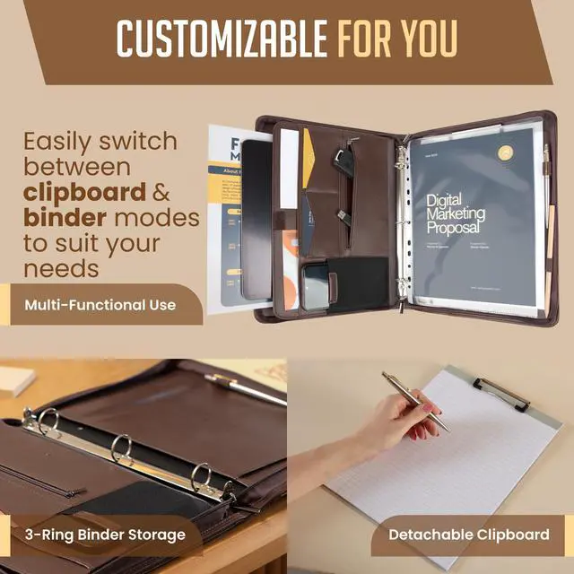 Alt view image 3 of 6 - Zipper Portfolio | Padfolio 3 Ring Binder (1") and Clipboard Folio (Removable) | Portfolio Organizer for Documents, Tablet, Phone |Faux Leather Binder for Men and Women | Walnut (Brown) Color