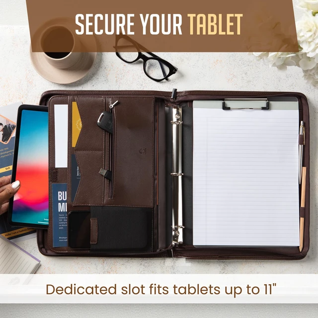 Alt view image 4 of 6 - Zipper Portfolio | Padfolio 3 Ring Binder (1") and Clipboard Folio (Removable) | Portfolio Organizer for Documents, Tablet, Phone |Faux Leather Binder for Men and Women | Walnut (Brown) Color