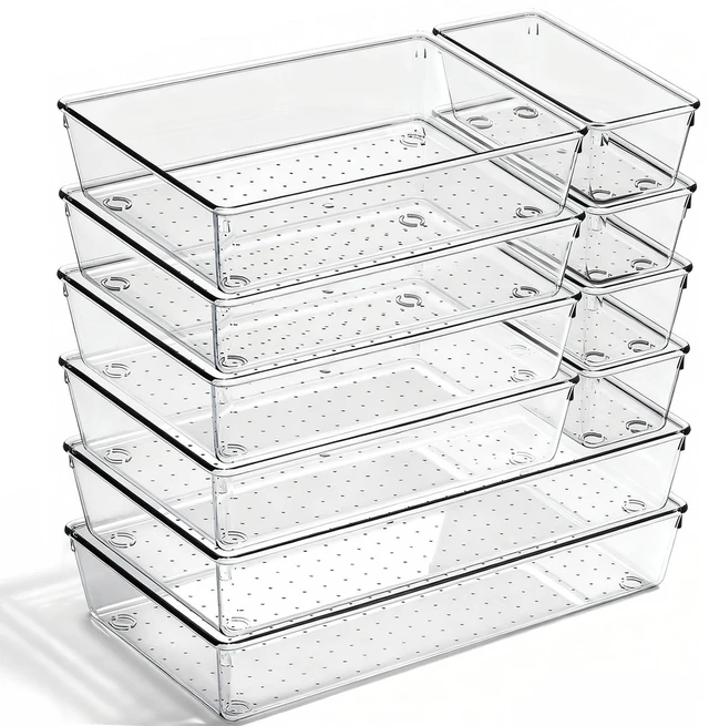 Main image of 10 Pack Large Drawer Organizer Bins - Clear Plastic Bathroom Drawer Organizer Trays - Heavy Duty Kitchen Drawer Dividers for Utensils - Non-Slip Storage Bins for Makeup, Bedroom, Office Desk