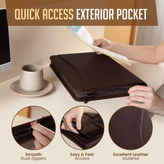 Alt view image 5 of 6 - Zipper Portfolio | Padfolio 3 Ring Binder (1") and Clipboard Folio (Removable) | Portfolio Organizer for Documents, Tablet, Phone |Faux Leather Binder for Men and Women | Walnut (Brown) Color