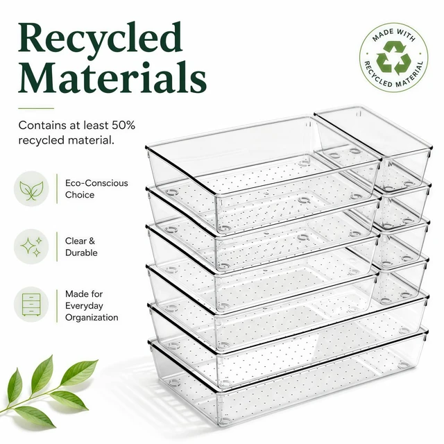 Alt view image 3 of 7 - 10 Pack Large Drawer Organizer Bins - Clear Plastic Bathroom Drawer Organizer Trays - Heavy Duty Kitchen Drawer Dividers for Utensils - Non-Slip Storage Bins for Makeup, Bedroom, Office Desk