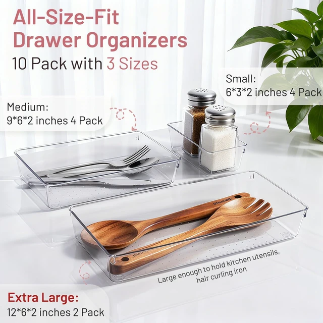 Alt view image 2 of 7 - 10 Pack Large Drawer Organizer Bins - Clear Plastic Bathroom Drawer Organizer Trays - Heavy Duty Kitchen Drawer Dividers for Utensils - Non-Slip Storage Bins for Makeup, Bedroom, Office Desk