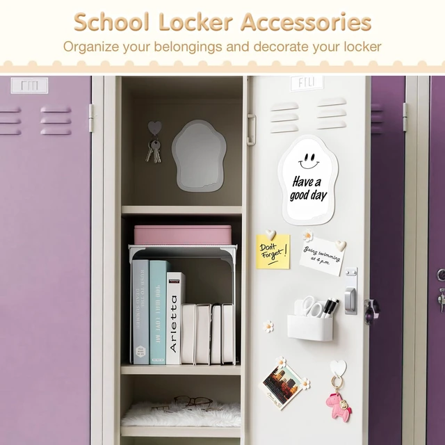 Alt view image 3 of 7 - 18PCS Locker Accessories for Girls, Lockers Decor for School, White Includes a metal mesh shelf, whiteboard, magnetic mirror, comb, arker holders, plush rug and magnets for locker organizer