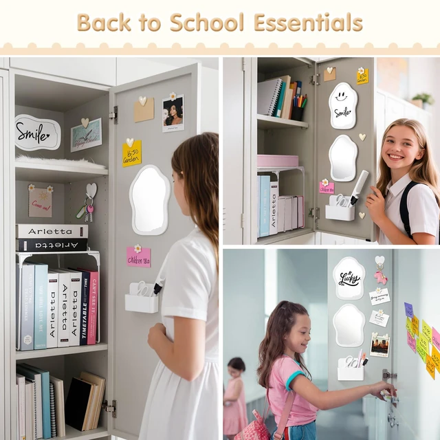 Alt view image 6 of 7 - 18PCS Locker Accessories for Girls, Lockers Decor for School, White Includes a metal mesh shelf, whiteboard, magnetic mirror, comb, arker holders, plush rug and magnets for locker organizer