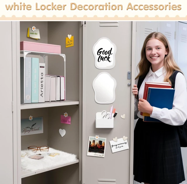 Alt view image 7 of 7 - 18PCS Locker Accessories for Girls, Lockers Decor for School, White Includes a metal mesh shelf, whiteboard, magnetic mirror, comb, arker holders, plush rug and magnets for locker organizer