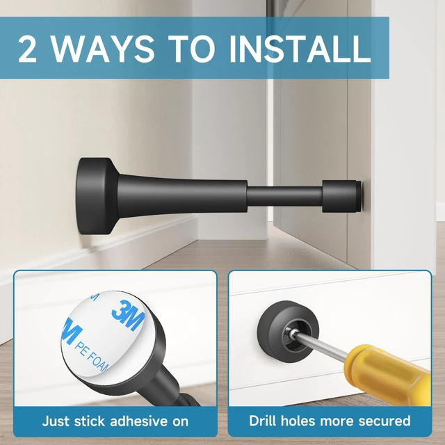 Alt view image 3 of 7 - 6PCS Black Door Stoppers for Wall, Spring Door Stop for Bottom of Door 4.33 Inch Aluminum Matte Black Doorstop With Silicone Tip, Screw & Adhesive Installation