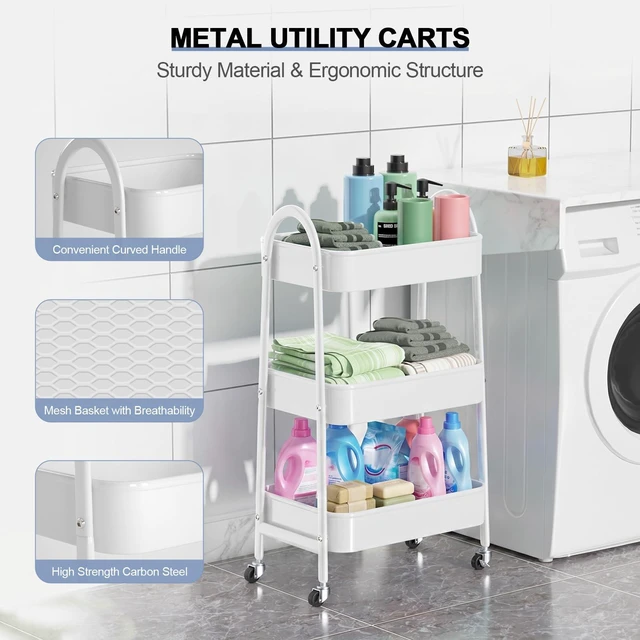 Alt view image 2 of 7 - 3 Tier Utility Rolling Cart, Metal Storage Cart with Handle and Lockable Wheels, Multifunctional Storage Organizer Trolley with Mesh Baskets for Kitchen, Living Room, Office, Garage (White)