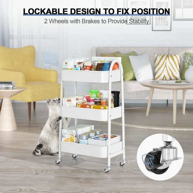 Alt view image 4 of 7 - 3 Tier Utility Rolling Cart, Metal Storage Cart with Handle and Lockable Wheels, Multifunctional Storage Organizer Trolley with Mesh Baskets for Kitchen, Living Room, Office, Garage (White)