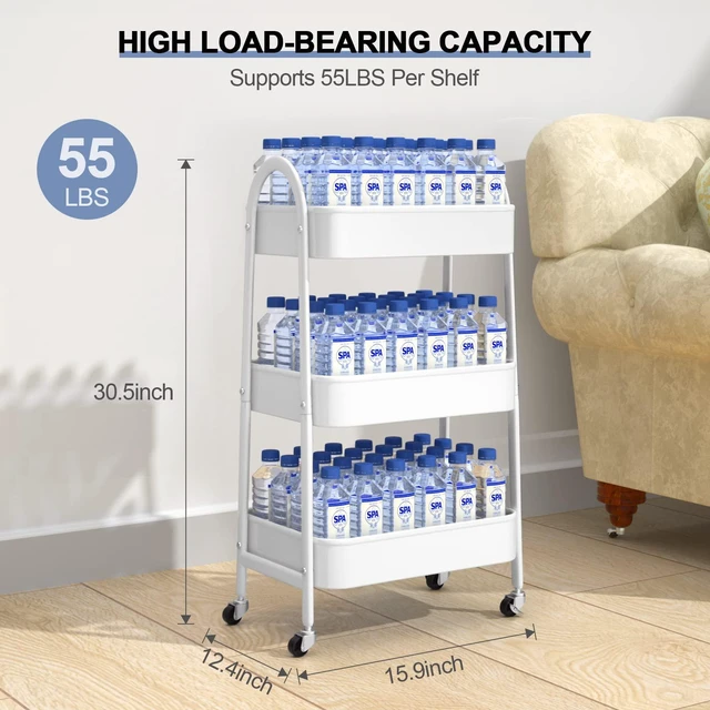 Alt view image 6 of 7 - 3 Tier Utility Rolling Cart, Metal Storage Cart with Handle and Lockable Wheels, Multifunctional Storage Organizer Trolley with Mesh Baskets for Kitchen, Living Room, Office, Garage (White)