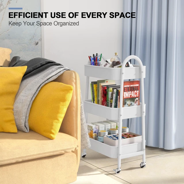 Alt view image 7 of 7 - 3 Tier Utility Rolling Cart, Metal Storage Cart with Handle and Lockable Wheels, Multifunctional Storage Organizer Trolley with Mesh Baskets for Kitchen, Living Room, Office, Garage (White)