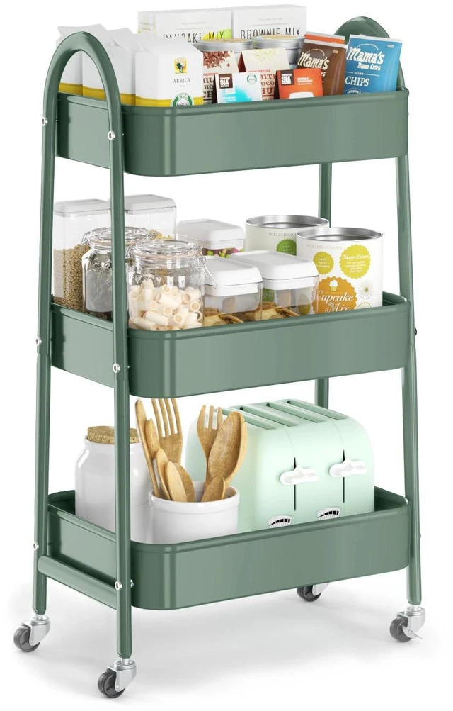Main image of 3 Tier Utility Rolling Cart, Metal Storage Cart with Handle and Lockable Wheels, Multifunctional Storage Organizer Trolley with Mesh Baskets for Kitchen, Living Room, Office, Garage (Jungle)