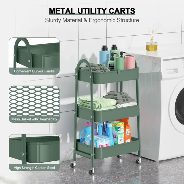 Alt view image 2 of 7 - 3 Tier Utility Rolling Cart, Metal Storage Cart with Handle and Lockable Wheels, Multifunctional Storage Organizer Trolley with Mesh Baskets for Kitchen, Living Room, Office, Garage (Jungle)