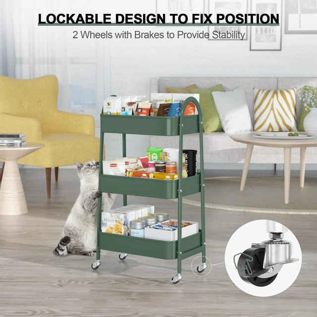 Alt view image 5 of 7 - 3 Tier Utility Rolling Cart, Metal Storage Cart with Handle and Lockable Wheels, Multifunctional Storage Organizer Trolley with Mesh Baskets for Kitchen, Living Room, Office, Garage (Jungle)