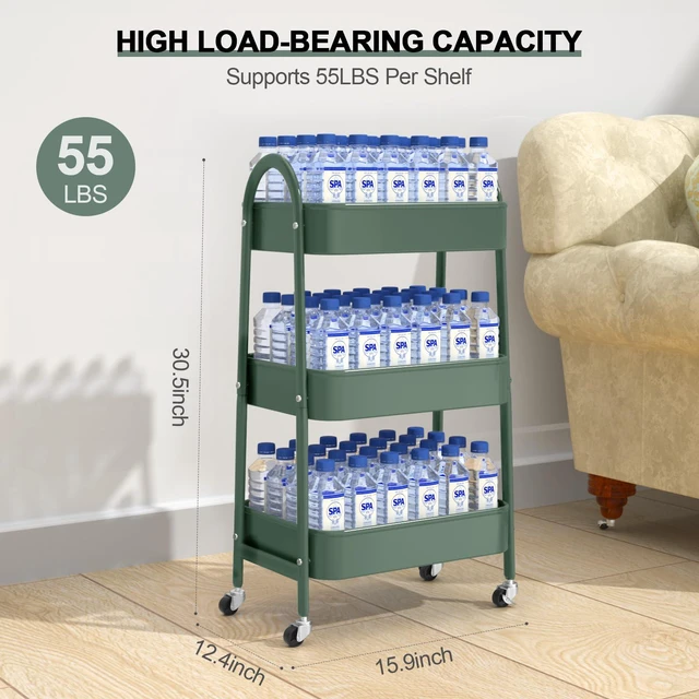 Alt view image 6 of 7 - 3 Tier Utility Rolling Cart, Metal Storage Cart with Handle and Lockable Wheels, Multifunctional Storage Organizer Trolley with Mesh Baskets for Kitchen, Living Room, Office, Garage (Jungle)