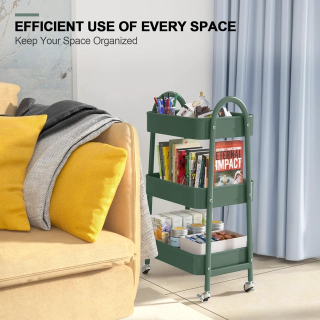 Alt view image 7 of 7 - 3 Tier Utility Rolling Cart, Metal Storage Cart with Handle and Lockable Wheels, Multifunctional Storage Organizer Trolley with Mesh Baskets for Kitchen, Living Room, Office, Garage (Jungle)