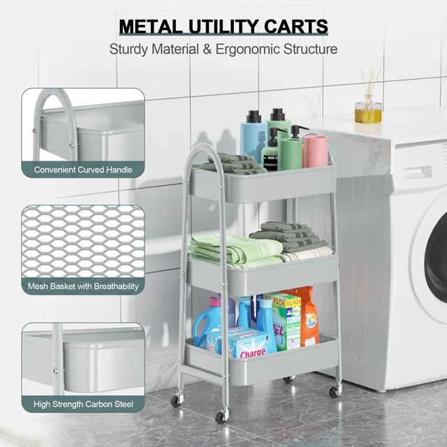 Alt view image 2 of 7 - 3 Tier Utility Rolling Cart, Metal Storage Cart with Handle and Lockable Wheels, Multifunctional Storage Organizer Trolley with Mesh Baskets for Kitchen, Living Room, Office, Garage (Grey)