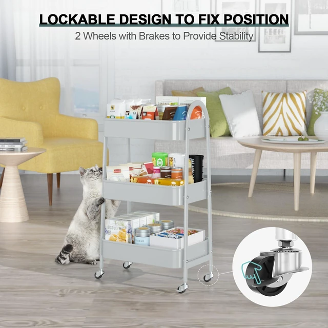 Alt view image 5 of 7 - 3 Tier Utility Rolling Cart, Metal Storage Cart with Handle and Lockable Wheels, Multifunctional Storage Organizer Trolley with Mesh Baskets for Kitchen, Living Room, Office, Garage (Grey)
