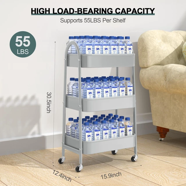 Alt view image 6 of 7 - 3 Tier Utility Rolling Cart, Metal Storage Cart with Handle and Lockable Wheels, Multifunctional Storage Organizer Trolley with Mesh Baskets for Kitchen, Living Room, Office, Garage (Grey)