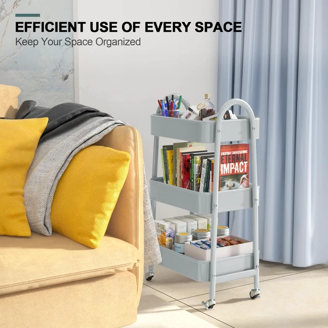 Alt view image 7 of 7 - 3 Tier Utility Rolling Cart, Metal Storage Cart with Handle and Lockable Wheels, Multifunctional Storage Organizer Trolley with Mesh Baskets for Kitchen, Living Room, Office, Garage (Grey)