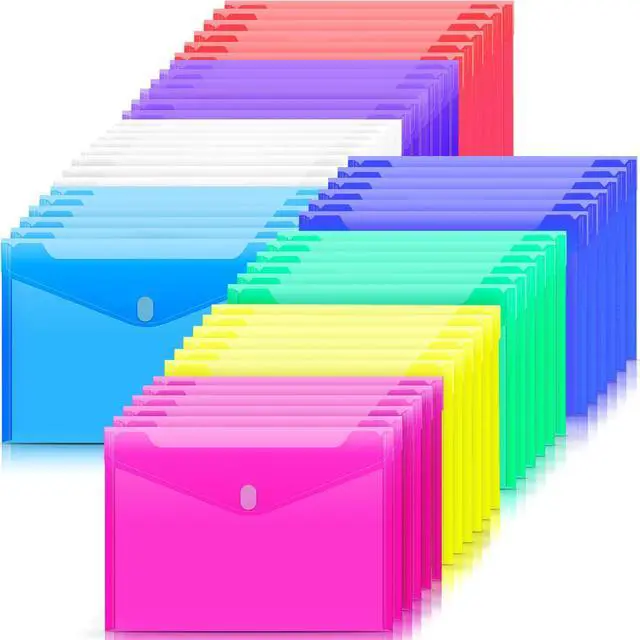 Main image of 50 Pack Plastic Envelopes File Folders, Plastic Folders with Safe Closure, Colored Folder for Documents Organizer Letter/A4 Size, Clear Filing Folder for Office School Supplies Storage, 8 Colors
