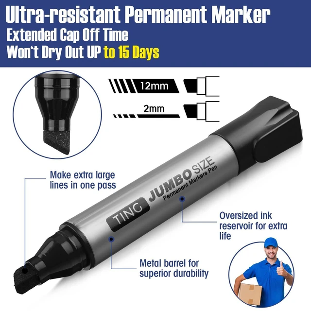 Alt view image 4 of 6 - 10 Pack Jumbo Permanent Markers Chisel Tip Quick Dry Black Waterproof, Large Big Poster Pens Bulk for Office, Logistics Company and More