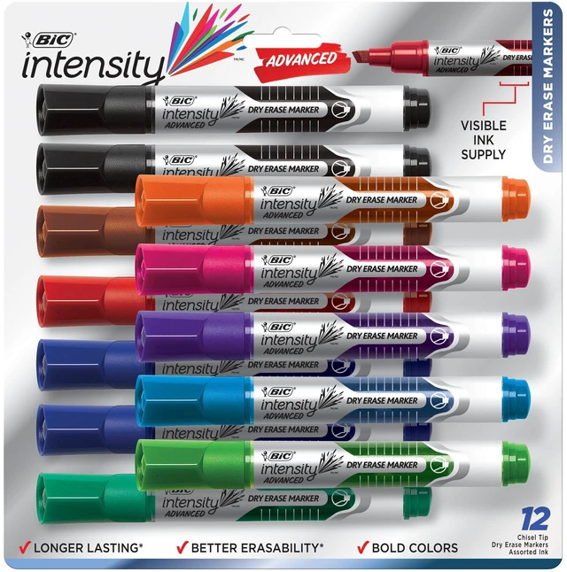 Main image of Intensity Advanced Colorful Dry Erase Markers, Chisel Tip, 12-Count Assorted Colors for Versatile Use | Liquid Ink Flows Smoothly | Non-Toxic, Low Odor, And Safe for Classrooms