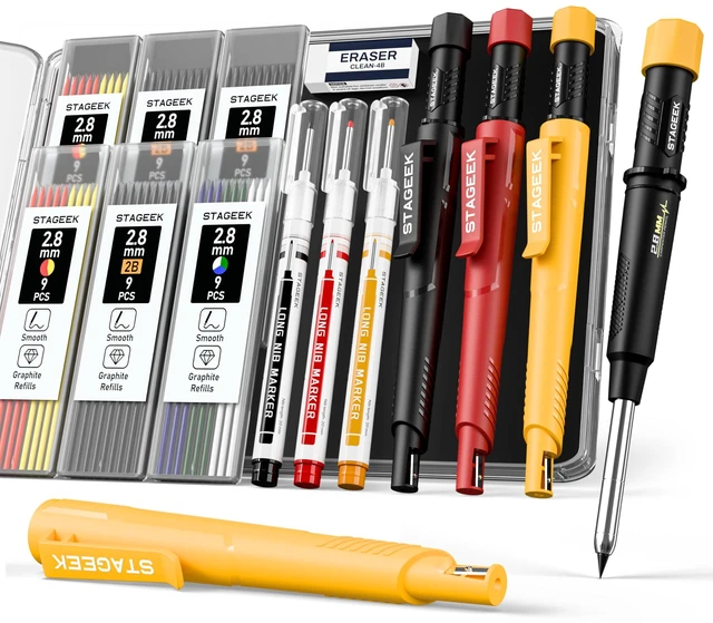 Main image of 2.8mm Mechanical Carpenter Pencils with Sharpener, 3 Pack 57 Refills, Construction Pencil Heavy Duty Woodworking Tools, Waterproof Deep Hole Long Nib Marker Pens for Architect Marking