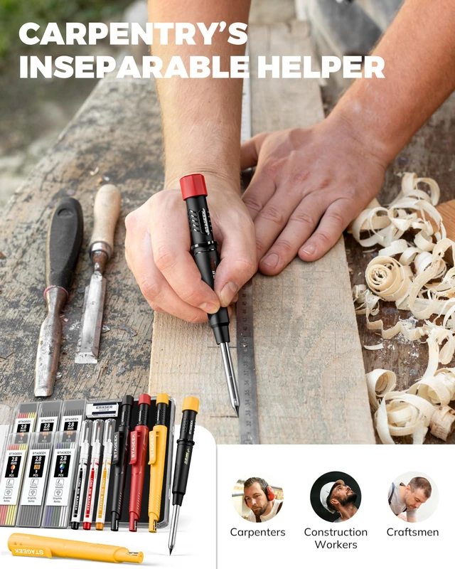 Alt view image 7 of 7 - 2.8mm Mechanical Carpenter Pencils with Sharpener, 3 Pack 57 Refills, Construction Pencil Heavy Duty Woodworking Tools, Waterproof Deep Hole Long Nib Marker Pens for Architect Marking