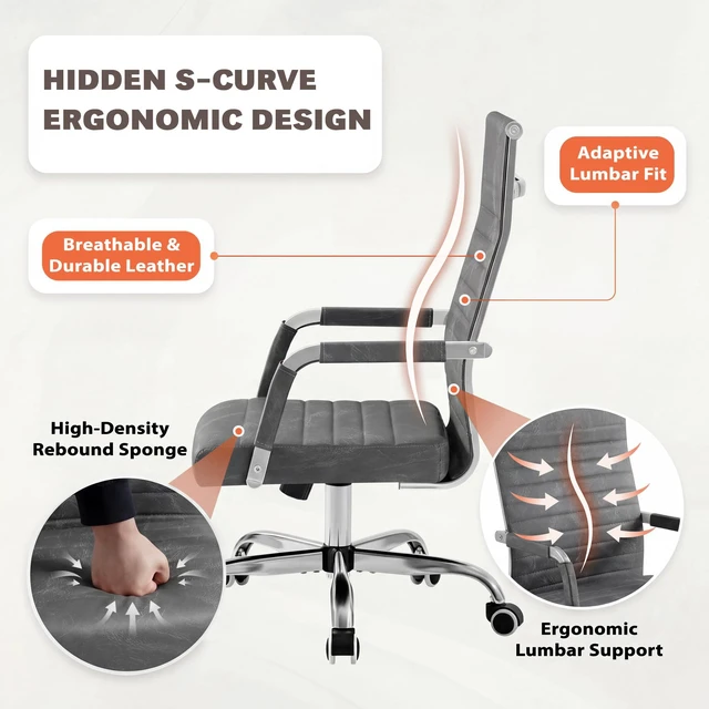 Alt view image 4 of 7 - Ergonomic Office Desk Chair, Executive Ribbed Mid-Back PU Leather Conference Room Chair Adjustable Swivel Chair with Arms (1, Bicolor Vintage Grey)