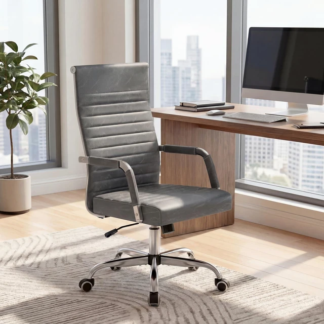 Alt view image 7 of 7 - Ergonomic Office Desk Chair, Executive Ribbed Mid-Back PU Leather Conference Room Chair Adjustable Swivel Chair with Arms (1, Bicolor Vintage Grey)