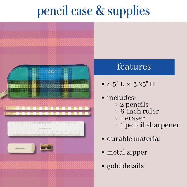 Alt view image 2 of 7 - Pen and Pencil Case with Office Supplies, Zip Pouch Includes 2 Pencils, Sharpener, Eraser, and Ruler, Grand Plaid Duo