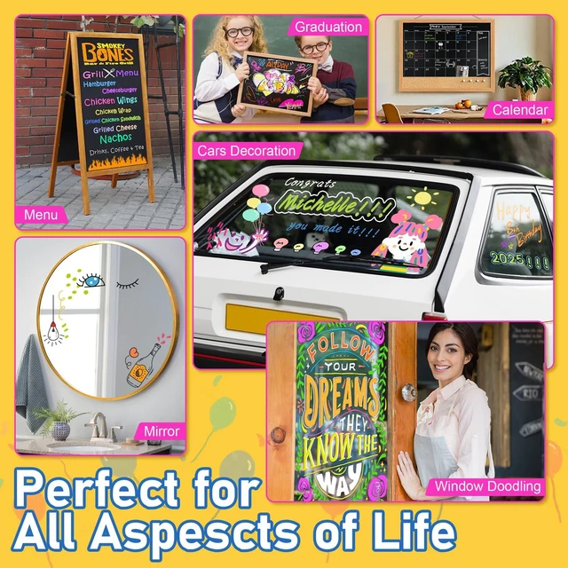 Alt view image 6 of 7 - Window Markers, Jumbo Chalk Markers, 10mm Thick Tip, 18 Colors Metallic Colors, Washable, for Glass, Blackboard, Car Marker for Auto, Chalkboard, Mirror, Calendar, School Painting