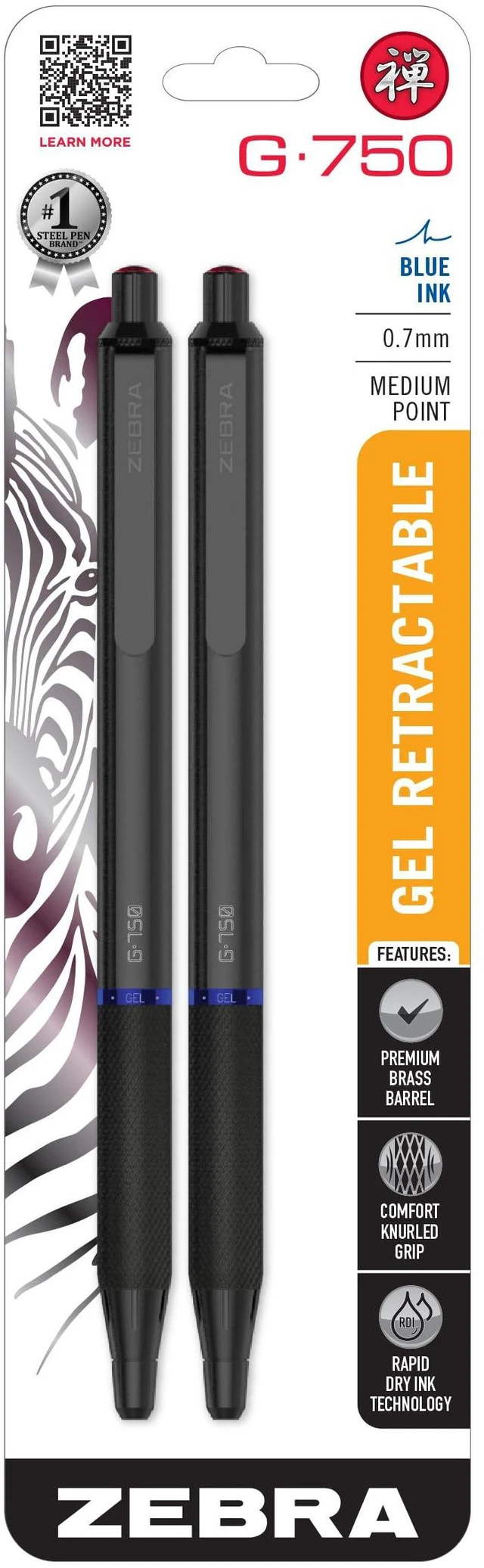 Main image of G-750 Black Brass Retractable Gel Pen, Blue Ink, 0.7mm, 2-Pack Japanese Craft Detail, Brass Barrel, Rapid-Dry Ink, Comfort Knurled Grip, Refillable, Medium Point Tip, STEEL Series (49822)