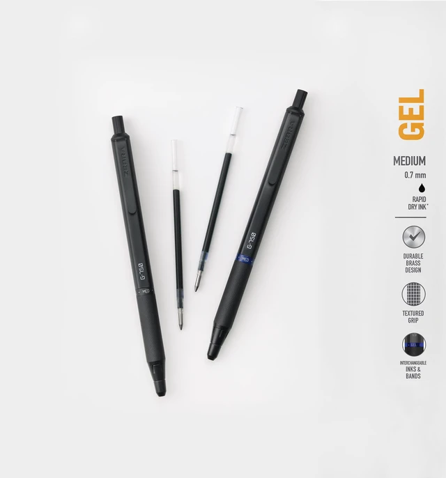 Alt view image 3 of 6 - G-750 Black Brass Retractable Gel Pen, Blue Ink, 0.7mm, 2-Pack Japanese Craft Detail, Brass Barrel, Rapid-Dry Ink, Comfort Knurled Grip, Refillable, Medium Point Tip, STEEL Series (49822)