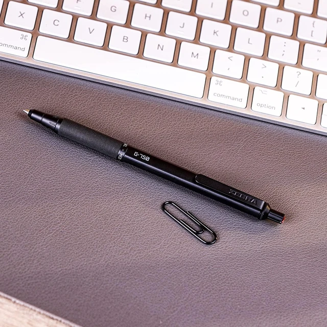 Alt view image 5 of 6 - G-750 Black Brass Retractable Gel Pen, Blue Ink, 0.7mm, 2-Pack Japanese Craft Detail, Brass Barrel, Rapid-Dry Ink, Comfort Knurled Grip, Refillable, Medium Point Tip, STEEL Series (49822)