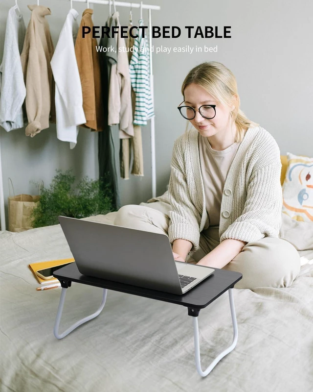 Alt view image 4 of 6 - Foldable Lap Desk Laptop Stand Bed Desk Table Tray, Breakfast Serving Tray, Portable & Lightweight Mini Table, Lap Tablet Desk for Sofa Couch Floor - Black