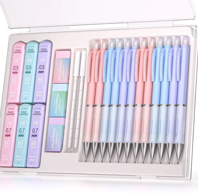 Main image of Pastel Mechanical Pencil Set, 0.5mm & 0.7mm Point, Pack of 12 720 HB/2B Leads, 3 Erasers+18 Refills, Storage Case, Cute Pink/Purple/Blue Barrels, Rubber Grip, for Notes & Drawing