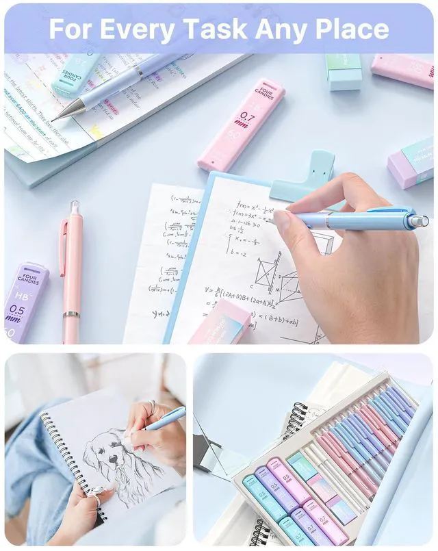 Alt view image 2 of 7 - Pastel Mechanical Pencil Set, 0.5mm & 0.7mm Point, Pack of 12 720 HB/2B Leads, 3 Erasers+18 Refills, Storage Case, Cute Pink/Purple/Blue Barrels, Rubber Grip, for Notes & Drawing