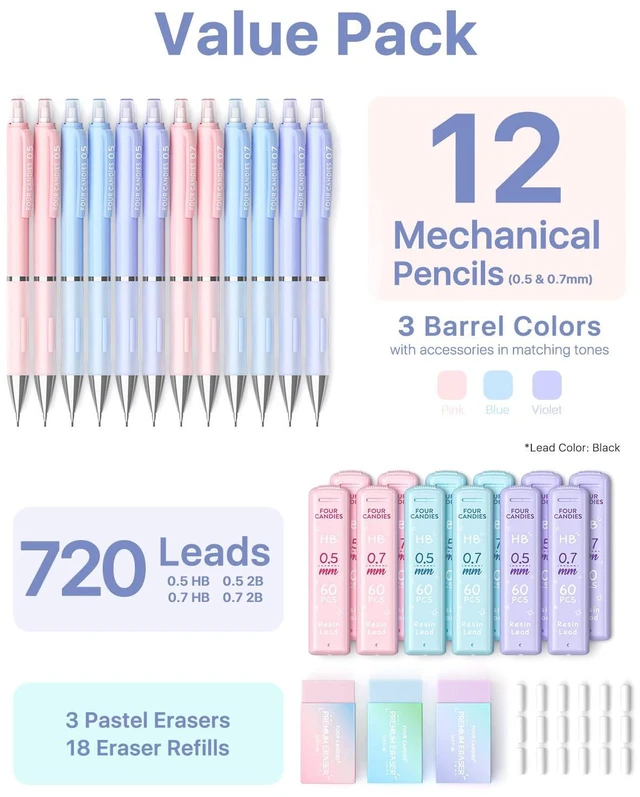 Alt view image 3 of 7 - Pastel Mechanical Pencil Set, 0.5mm & 0.7mm Point, Pack of 12 720 HB/2B Leads, 3 Erasers+18 Refills, Storage Case, Cute Pink/Purple/Blue Barrels, Rubber Grip, for Notes & Drawing