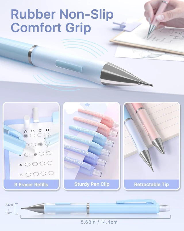 Alt view image 4 of 7 - Pastel Mechanical Pencil Set, 0.5mm & 0.7mm Point, Pack of 12 720 HB/2B Leads, 3 Erasers+18 Refills, Storage Case, Cute Pink/Purple/Blue Barrels, Rubber Grip, for Notes & Drawing