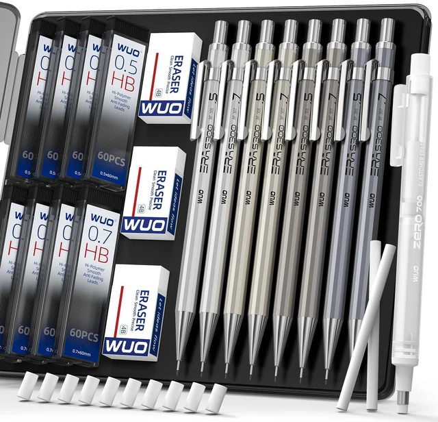 Main image of 0.5&0.7mm Metal Mechanical Pencil Set, 8-Pack with Eraser Pen and Case 480 HB Lead Refills, 3 Erasers + 10 Eraser Refills, Two Sizes, for Writing, Drawing, Drafting, Sketching