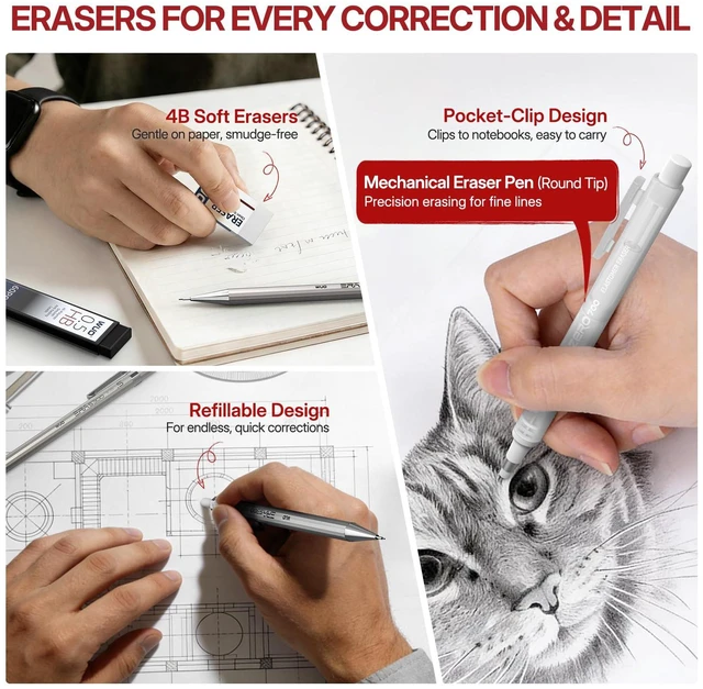 Alt view image 2 of 7 - 0.5&0.7mm Metal Mechanical Pencil Set, 8-Pack with Eraser Pen and Case 480 HB Lead Refills, 3 Erasers + 10 Eraser Refills, Two Sizes, for Writing, Drawing, Drafting, Sketching