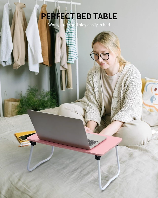 Alt view image 4 of 6 - Foldable Lap Desk Laptop Stand Bed Desk Table Tray, Breakfast Serving Tray, Portable & Lightweight Mini Table, Lap Tablet Desk for Sofa Couch Floor - Pink
