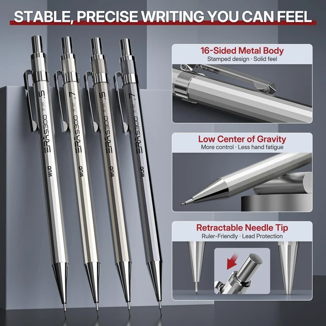 Alt view image 3 of 7 - 0.5&0.7mm Metal Mechanical Pencil Set, 8-Pack with Eraser Pen and Case 480 HB Lead Refills, 3 Erasers + 10 Eraser Refills, Two Sizes, for Writing, Drawing, Drafting, Sketching