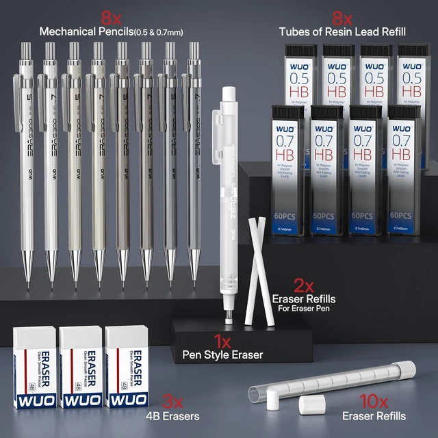 Alt view image 7 of 7 - 0.5&0.7mm Metal Mechanical Pencil Set, 8-Pack with Eraser Pen and Case 480 HB Lead Refills, 3 Erasers + 10 Eraser Refills, Two Sizes, for Writing, Drawing, Drafting, Sketching