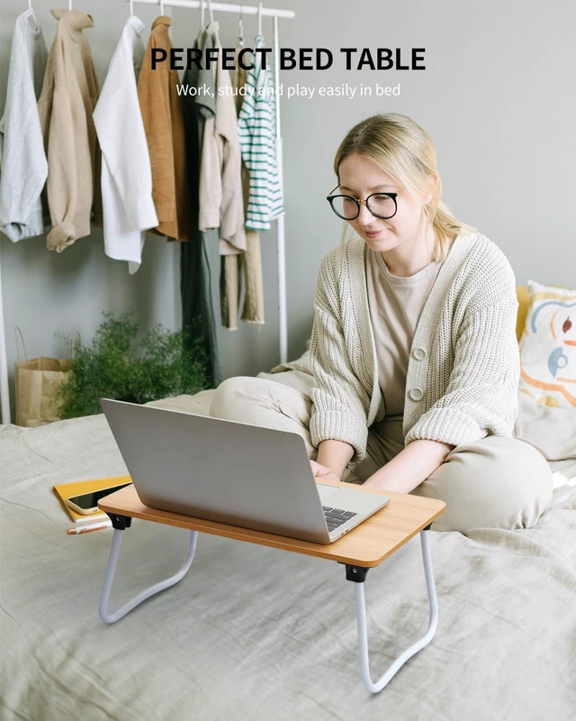 Alt view image 2 of 6 - Foldable Lap Desk Laptop Stand Bed Desk Table Tray, Breakfast Serving Tray, Portable & Lightweight Mini Table, Lap Tablet Desk for Sofa Couch Floor - Wood