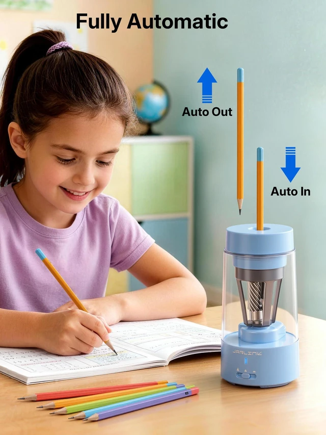 Alt view image 2 of 7 - Fully Automatic Rechargeable Electric Pencil Sharpener 3 Adjustable Sharpness Modes, Compatible with 6-12mm Pencils, Hands-Free Operation for Home, Office and Classroom, Blue