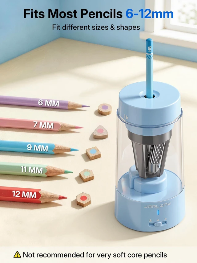 Alt view image 3 of 7 - Fully Automatic Rechargeable Electric Pencil Sharpener 3 Adjustable Sharpness Modes, Compatible with 6-12mm Pencils, Hands-Free Operation for Home, Office and Classroom, Blue