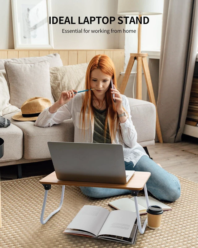 Alt view image 4 of 6 - Foldable Lap Desk Laptop Stand Bed Desk Table Tray, Breakfast Serving Tray, Portable & Lightweight Mini Table, Lap Tablet Desk for Sofa Couch Floor - Wood